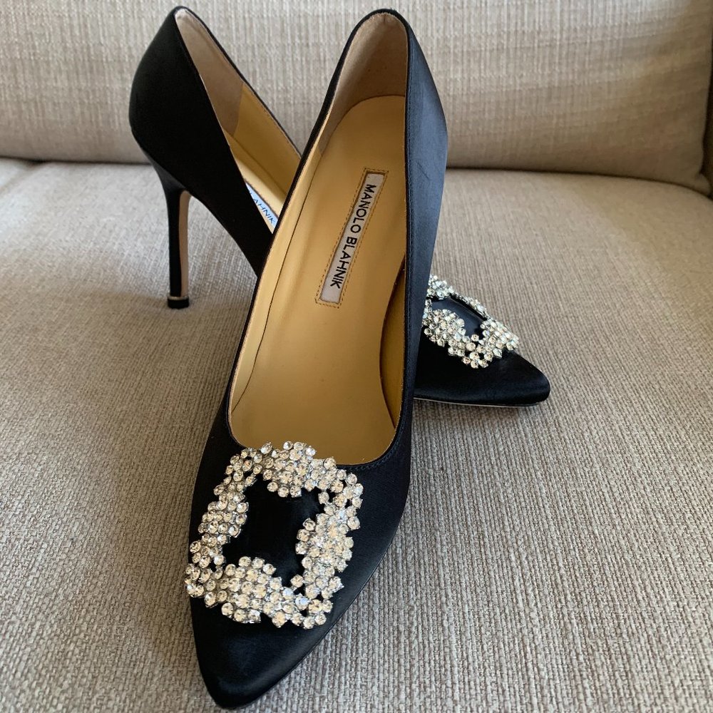 Black Manolo Blahnik Hangisi Jeweled Pumps Size 38